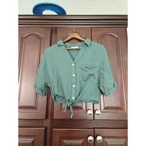 Daily Thread Crop Top Women Small P Green Crepe Tie Front Button Up Short Sleeve